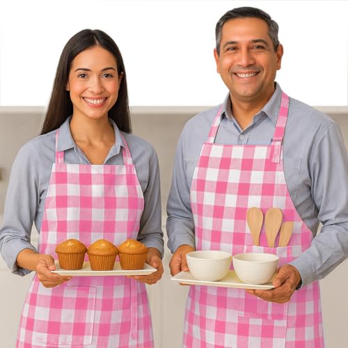 Native Fab Kitchen Apron 2 Pack - 100% Cotton Adjustable, Durable Apron with Pockets, Perfect for Cooking, Baking, Grilling - color: Buffalo, Rose Pink