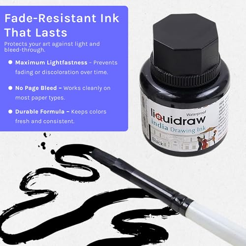 Liquidraw Black Drawing India Ink - 1.18 fl oz / 35 ml | Must-Have Artist Supply | Non-Toxic, Waterproof & Permanent | Suitable for Pens & Brushes | Use On Paper Board, Canvas, Fabric & Wood - color: Black