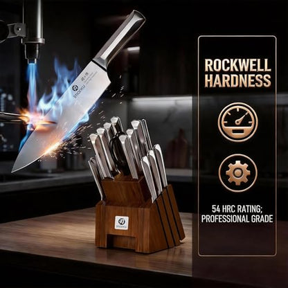 imarku 16PCS Stainless Steel Knife Set, Full Tang Design with Wooden Block | Knife Set With Block And Sharpener, High Carbon Stainless Steel Blades, Ergonomic Non-Slip Handles, Dishwasher Safe Design - color: Brown-Sliver, size: 16 Pcs