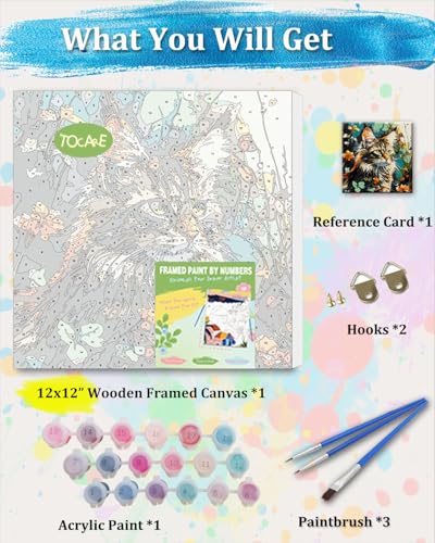 TOCARE Framed Paint by Numbers Kit for Adults Beginners, 12x12inch Cat Paint by Number with Frame,Easy Dragon Li Cat Paint by Numbers Framed Canvas(Without Easel) - color: TC-F-223