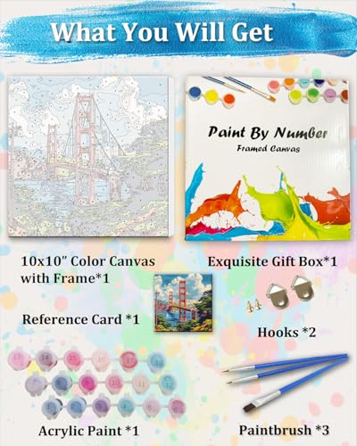 TOCARE Framed Paint by Numbers Kit for Adults Beginners & Kids Ages 8-12, Golden Gate Bridge Paint by Number with Frame, San Francisco Paint by Numbers Framed Canvas (10x10 Inch,Without Easel) - color: TC-F-197
