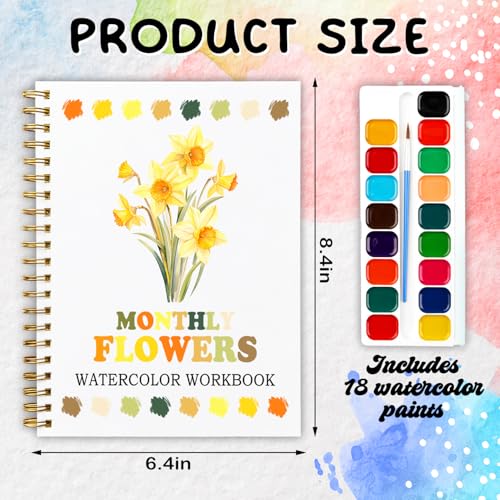 12 Months of Flowers Watercolor Set, Birth Flower Painting Book, DIY Art Kit for Beginners, Relaxing Floral Gift for Women & Adults, Stress Relief Watercolor Workbook - color: Yellow-Flowers