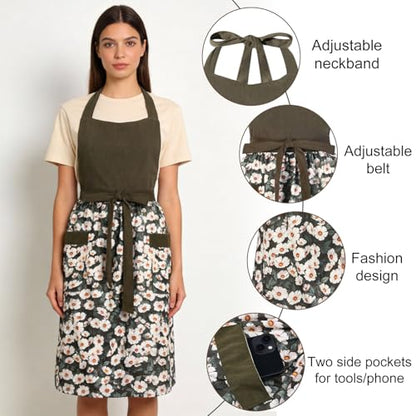 Cute Floral Apron for Women with Pockets, Cotton, Adjustable Straps - color: Olive Green