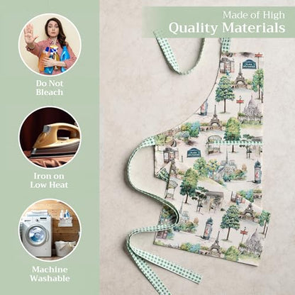 Maison d' Hermine Aprons for women with Pocket 100% Cotton (27.50"x31.50") | Adjustable Neck Strap & long ties Apron Men Chef Wedding Cooking Gardening Server Maid - color: 063 - Paris Voyage