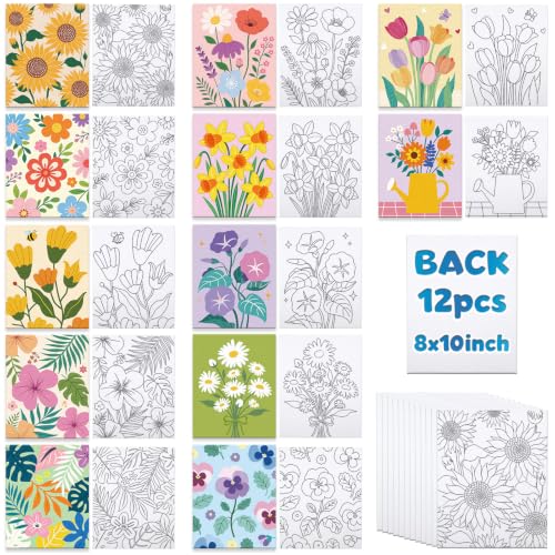 Louise Maelys 12 Pack Pre Drawn Canvas to Paint with Floral Pattern | 8x10 Inch Pre Printed Flower Canvas Panels Great for Kids Crafts, Sip and Paint Parties, Classroom Art, and DIY Gifts - color: floral1