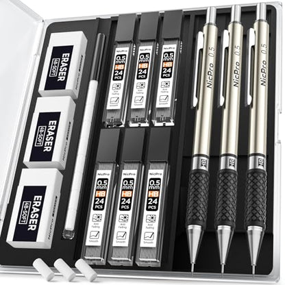 Nicpro 0.5 mm Art Mechanical Pencil Set in Storage Case, 3 PCS | Metal Drafting Pencil Lead Pencil+6 Tube HB Refills, 12 Erasers, Comfort Grip For School Writing, Artist Drawing, Sketching - style: 3 Pack (0.5mm)