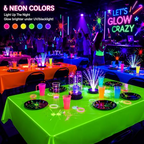 6 Pack Neon Table Cloths, Pink Orange Yellow Green Blue Purple Glow in The Dark Plastic Tablecloth, Disposable Rainbow Table Cover for Glow in Dark Neon Party Supplies Decorations (6)