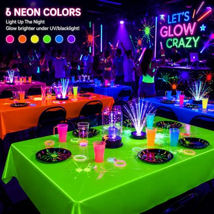 6 Pack Neon Table Cloths, Pink Orange Yellow Green Blue Purple Glow in The Dark Plastic Tablecloth, Disposable Rainbow Table Cover for Glow in Dark Neon Party Supplies Decorations (6)