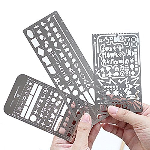 Yansanido Pack of 3 Stainless Steel Drawing Ruler, Painting Stencils, Scale Template Sets, Graphics Stencils, Number Template Ruler for Very Fine Pen Tip