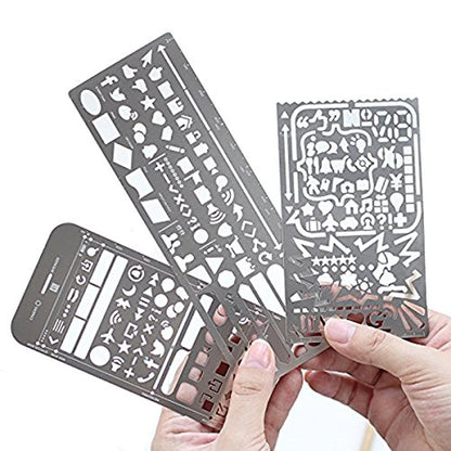 Yansanido Pack of 3 Stainless Steel Drawing Ruler, Painting Stencils, Scale Template Sets, Graphics Stencils, Number Template Ruler for Very Fine Pen Tip
