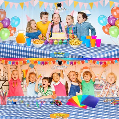 Grandipity Plastic Table Cloth Disposable 12 Pack 54” x 108” Rectangle | Blue Gingham Plastic table covers, durable disposable tablecloths, fade and tear-resistent table cover for party, event - color: Blue Gingham Checkered, size: 54in. x 108in. Rectangl