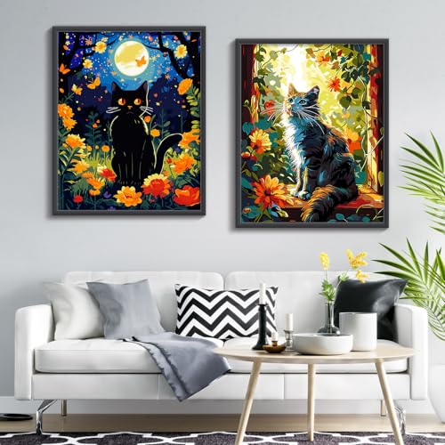 ZTOTZ Cat Paint by Numbers Kit for Adults, Painting by Numbers Black Cats Moon Night, Tuxedo Cat Adults' Paint-by-Number Kits, Animal cat Paints Number Kits 16x20 Canvas - color: A-005-garden cat