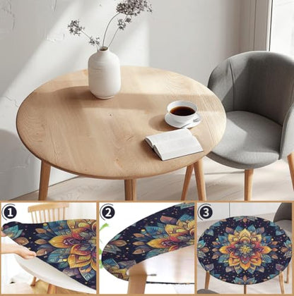 Round Tablecloth Stretch Round Fitted Tablecloth with Elastic, Boho Waterproof Table Cloth for 31"-35" Round Table, 36Inch - color: A-boho-1, size: 36" (Round)