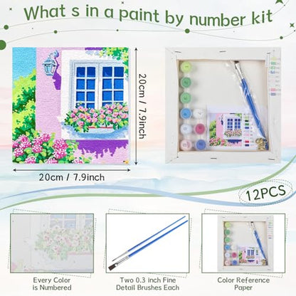 Nezyo 12 Sets Scenery Paint by Numbers Adults with Frame, 8x8 Inch Kit | Easy DIY Acrylic Kits for Beginners, Framed Canvas Ready to Hang, For Painting Party Classroom Birthday Gift - style: Scenery
