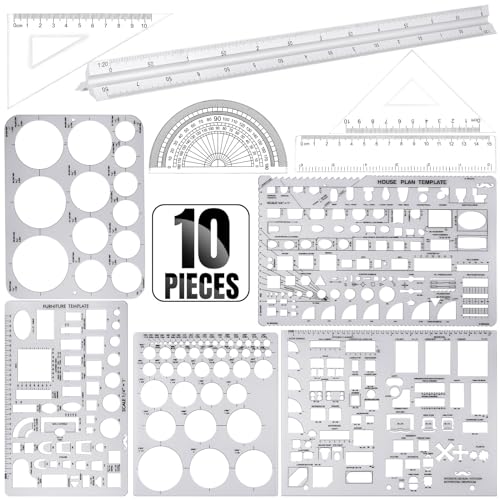 Zonon 10 Pcs Plastic Drawing Template Ruler Geometric Drawing 12 Inch Triangular Aluminum Architect Scale Measuring Templates Building Geometric Kit Plastic Ruler for Drafting (Classic,Clear) - color: Clear, style: Classic