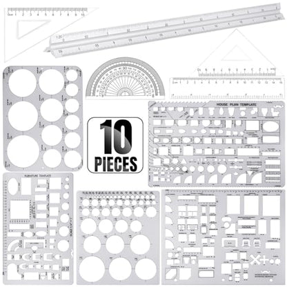 Zonon 10 Pcs Plastic Drawing Template Ruler Geometric Drawing 12 Inch Triangular Aluminum Architect Scale Measuring Templates Building Geometric Kit Plastic Ruler for Drafting (Classic,Clear) - color: Clear, style: Classic