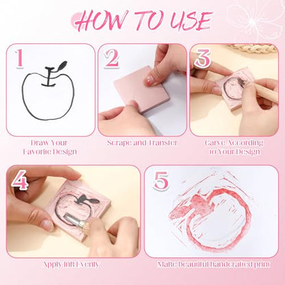 MotiMind 8 Pcs 3 Sizes Linoleum Blocks for Printmaking, Pink Rubber Stamp Carving Blocks, Soft Rubber Carved Bricks for DIY Printmaking Stamps Making and Craft Projects - size: 3 Sizes