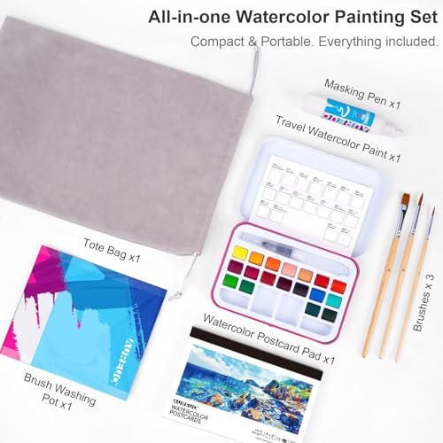 AUREUO Travel Watercolor Set - 18 Floral Color Watercolor Paint Set with Brushes, Watercolor Postcards, Masking Pen & Tote Bag - Water Color Painting Kit for Adults, Beginners, Professionals - color: Floral Kits