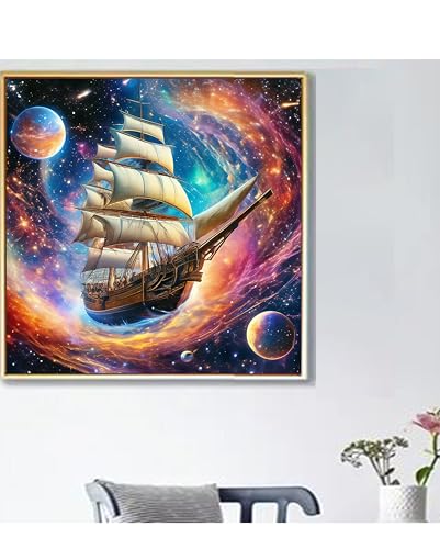 ALEXMACLIST14x14 inch Space Voyager Galaxy Ship Diamond Art Kit - Fantasy Celestial Sailing Boat In Nebula Starry, Planets & Cosmos Mural - Full Drill 5D Diamond Painting DIY Craft for Bigginer Lovers - color: Space Voyager Galaxy Ship