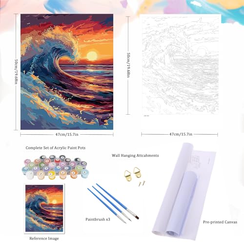 Natuyalo Paint by Numbers for Adults - DIY Adult Paint by Number Kits Painting on Canvas Sea Wave Painting by Numbers for Beginners, Sunset Seascape Art Craft Kits for Adults (16x20 Inch) - color: ART-02