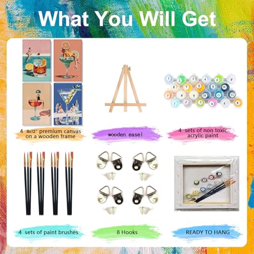 4 Pcs Cocktail Paint by Numbers for Adults with Frame Canvas - Wooden Easel - color: BKH2389+BKH2390+BKH2391+BKH2392