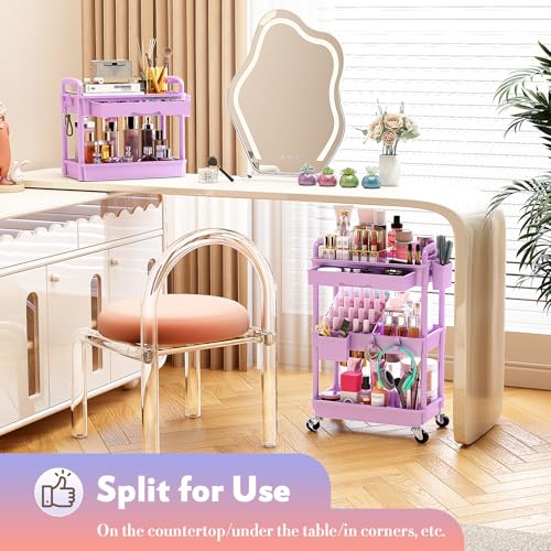 SUNALLY Makeup Cart Organizer with Drawer,3 Tier Rolling Makeup Cart,Purple - color: Purple, size: 3 Tier