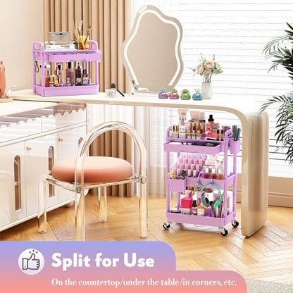 SUNALLY Makeup Cart Organizer with Drawer,3 Tier Rolling Makeup Cart,Purple - color: Purple, size: 3 Tier