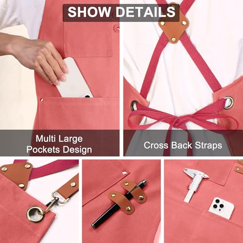 ZOMAO Chef Apron for Women Men with Large Pockets, Cotton Canvas Cross Back Waterproof Work Aprons for Kitchen Cooking Bib - color: Pink