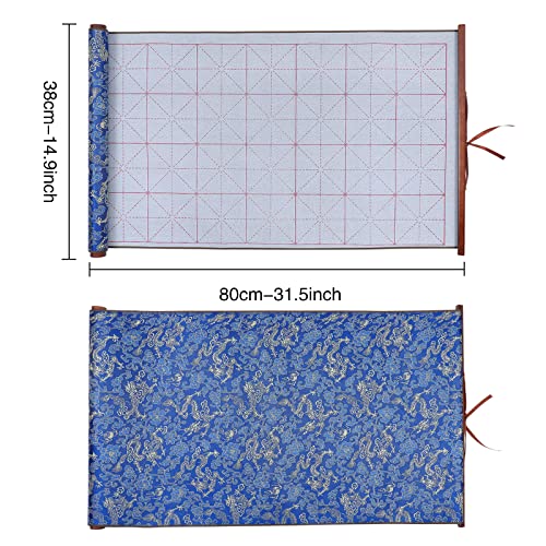MEGREZ Reusable Water Writing Calligraphy Cloth Set No Ink Practice Kit | 32 grids, 4pcs set, brush pen & water dish, copy template, multi color options, mess-free, calligraphy practice - color: Blue