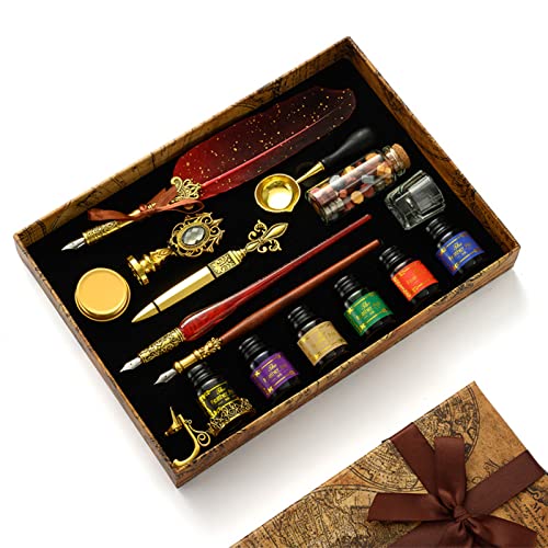 Joyeee Red Feather Pen and Ink Set, Vintage Pen & Sealing Wax Stamp Set, Calligraphy Set Wedding Signature Pen for Beginners & Enthusiasts, School Writing & Art Supplies #85 - color: #85 Red