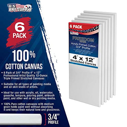 U.S. Art Supply 4 x 12 inch Stretched Canvas for Painting, 12oz Triple Primed, 6-Pack - Professional Artist Quality White Blank 3/4" Profile, 100% Cotton, Heavy-Weight Gesso - Acrylic Pouring, Oil - size: 4" x 12"