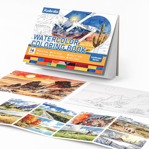 FLUNBRATO Watercolor Coloring Book with Reference Booklet,16 Sheets 10.6 x 7.7 inch 100% Cotton Cold Press, Beginner Friendly Stress Relief Watercolor Paper Book for Adult-Landscape - color: Landscape