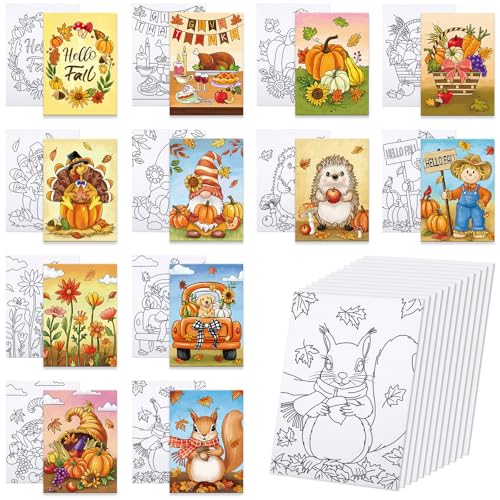 Anseal 12 Packs Fall Thanksgiving Pre Drawn Canvas to Paint, 5" X 7" Pre Printed Canvas for Kids, Pre Stretched Canvas Outline Painting Boards for Beginners, Students, Party Favor (Fall) - color: Fall