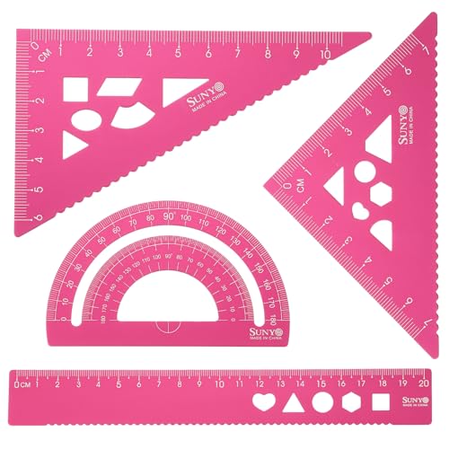 HARFINGTON 4pcs Triangular Ruler Set 20cm Aluminum Alloy Straight Geometric Protractor Triangle Engineering Scale Drafting Ruler Kit Measuring Drawing Tool for Classroom Office Home, Pink - color: Pink