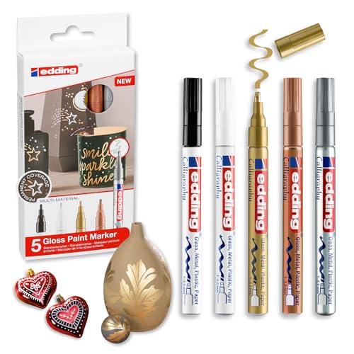 edding 753 Gloss Paint Marker – Calligraphy Markers for Paper, Plastic, Glass, Metal, Carton & Stone – 1-2.5 mm Chisel tip – Waterproof & Highly Opaque – 5 Colors (Black, White, Copper, Silver & Gold) - color: 01: Set of 5 - Multicoloured