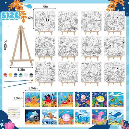 Tenceur 12 Sets Pre Drawn Canvas to Paint Adult Stretched Coloring Painting Canvas Panels with Design Easel and Brushes for Party Supplies Beginner Favor(Sea Animal) - style: Sea Animal