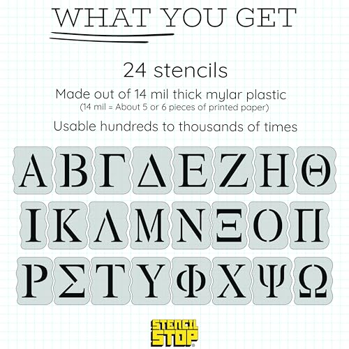 Stencil Stop Greek Letter Stencil Kit for Painting & Tracing, 14 Mil Mylar Plastic, 4 Inch Tall Letters