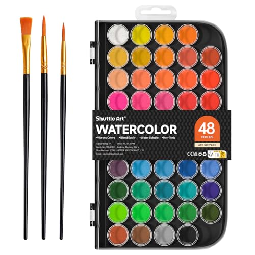 Shuttle Art Watercolor Paint Set, 48 Colors Watercolor Paint Pan Set with 3 Paint Brushes for Beginners, Artists, Kids & Adults for Painting, Journaling, Calligraphy Practice - size: 1 Count (Pack of 1)