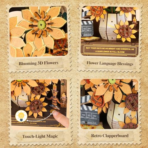 3D Puzzles for Adults Sunflower Bloom Wooden Bloom Craft with LED Light - color: Sunflower