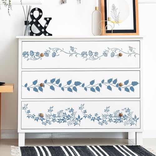 Leaf Vine Border Stencil for Painting - 12 Pcs Reusable Flowers Wall Stencils for Painting Large Pattern, Tree Stencil for Painting on Wood DIY Home Canvas Wardrobe Crafts Decoration - style: Vine Stencil