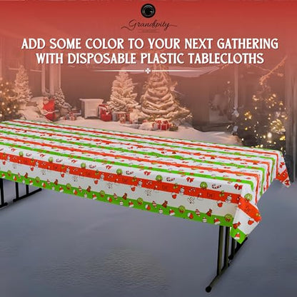 Grandipity Holiday Christmas 6 Pack Premium Disposable Plastic Tablecloth 54 Inch. x 108 Inch. Rectangle Table Cover - color: Christmas, size: 54" x 108" - 6 Pack