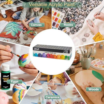 Artkey Acrylic Paint Set - 52 Colors 2 oz/59 ml Acrylic Paints Professional Artists Painting Kit for Canvases Fabric Rock Leather Easter Egg Wood Ceramic Glass Art Craft Painting - color: 52 Colors, style: Basics