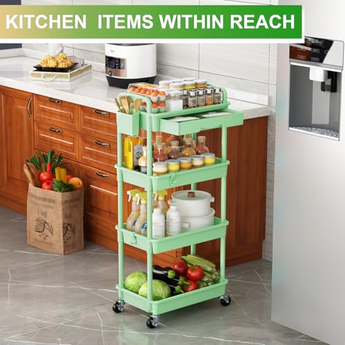 Goovilla 4 Tier Rolling Utility Cart Organizer with Removable Drawer, Green | Stable and Sturdy Rolling Storage Carts with 2 Lockable Wheels for Bathroom, Kitchen, Snack, Craft, Makeup, Baby Essentials - size: 4 Tier, style: Green