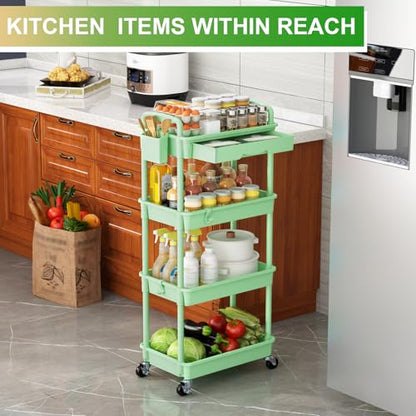 Goovilla 4 Tier Rolling Utility Cart Organizer with Removable Drawer, Green | Stable and Sturdy Rolling Storage Carts with 2 Lockable Wheels for Bathroom, Kitchen, Snack, Craft, Makeup, Baby Essentials - size: 4 Tier, style: Green