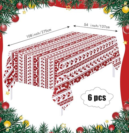 HEIPINIUYE 6 Pack Christmas Tablecloth Disposable 54 x 108 Inch Red and White Xmas Plastic Table Cloth Disposable Rectangle Table Cover for Christmas Birthday Picnic Party Xmas Tablecloths - color: Christmas Tablecloth Disposable, size: 6 Pack