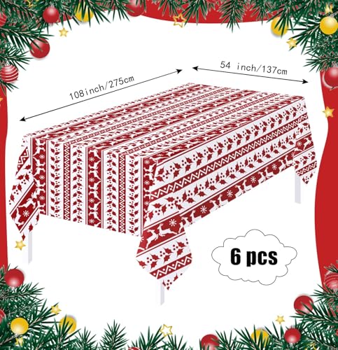 HEIPINIUYE 6 Pack Christmas Tablecloth Disposable 54 x 108 Inch Red and White Xmas Plastic Table Cloth Disposable Rectangle Table Cover for Christmas Birthday Picnic Party Xmas Tablecloths - color: Christmas Tablecloth Disposable, size: 6 Pack