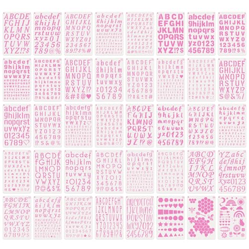 BAMIDELE Letter and Number Stencils for Painting - 40 PCS Small Alphabet Stencils (1, 0.75, 0.5, 0.35 Inch) for Crafts, Wood, Cakes - Reusable Plastic Bullet Journaling Letter Stencil (7.5 x 5 Inch)