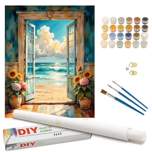 Beach View Paint by Numbers Kit for Adults - DIY Ocean Scene Through Doorway Painting on Rolled Canvas 16x20 Inches, Acrylic Paint Set, Suitable for Beginners, Art for Home Decoration or Gifts - color: HSX00713, size: 16X20IN Rolled