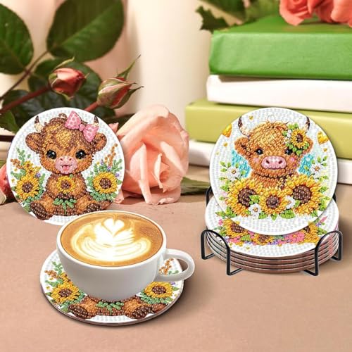 8 Pcs Cow Diamond Painting Coasters with Holder, Highland Cow Diamond Painting Kits, Cute Cow Diamond Art Coasters, 5D DIY Full Drill Diamond Dots, Diamond Art Kits for Adults Crafts Supplies - color: Bdwy152-us