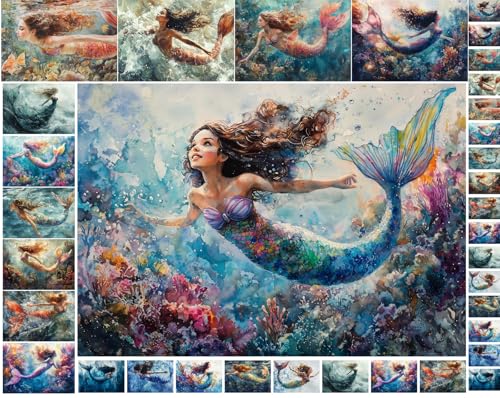 Decoupage Paper Pack (35 Sheets 6"x8") Mystic Ocean Mermaids ~ Dreamy Underwater Mermaid Illustrations in a Vibrant Fantasy Painting Style, with Flowing Hair, Colorful Tails and Coral Reef backdrops - color: One